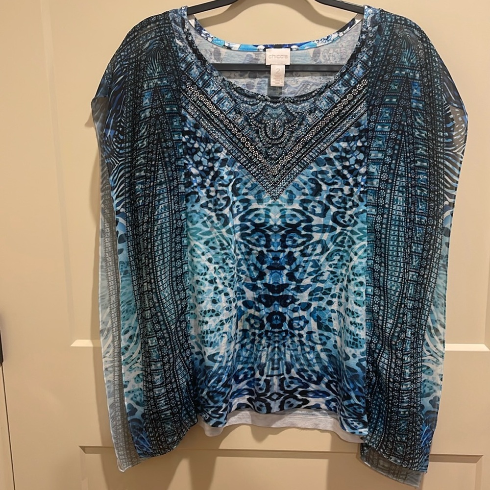 Chicos Size 2 Women’s Top Multi Dye Short Sleeve Casual Shirt